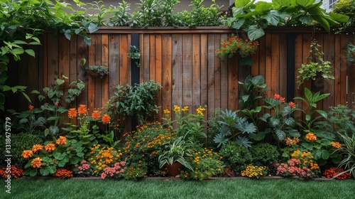 A serene and minimalistic garden scene with a simple wooden fence and low growing groundcovers photo