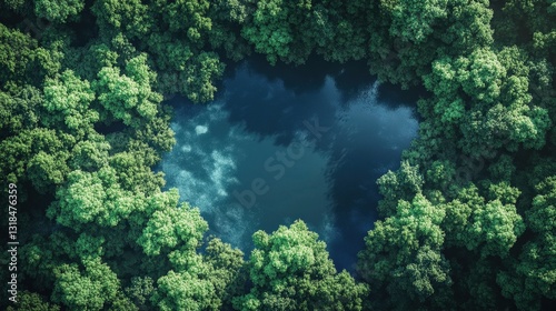 A serene dark blue lake, framed by lush, emerald-green trees, creates a stunning contrast in a tranquil forest setting. Sunlight filters through leaves, casting dappled shadows on the water's surface photo