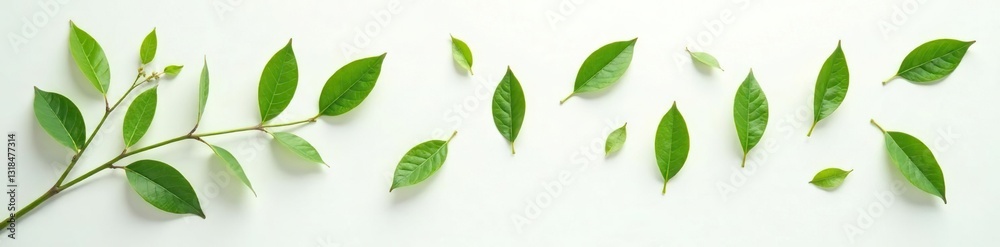 Fototapeta premium Delicate leaves scattered on a pure white surface, natural, leaves, simplicity