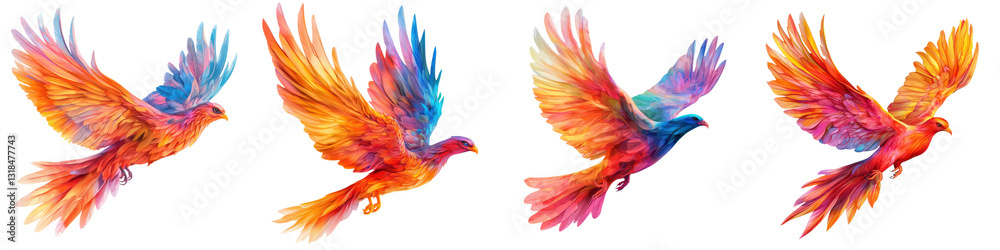Fototapeta premium Majestic Colorful Birds Soaring in Graceful Motion Against a Vibrant Imaginative Sky Background Abstract Surreal Render Depicting the Beauty and Freedom of Flight