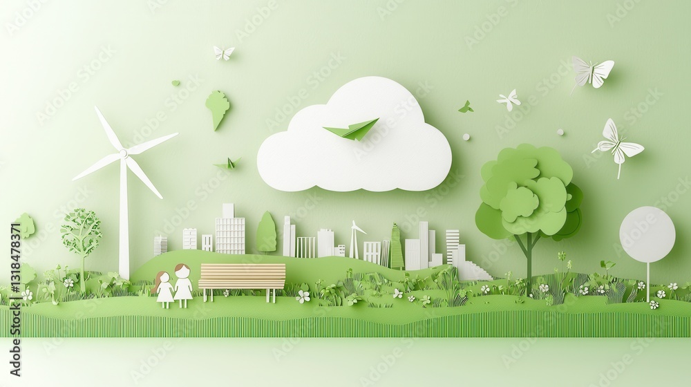 Fototapeta premium Eco Friendly Paper Cut Style Artwork Depicting a Visionary Sustainable City Landscape with Renewable Energy Sources Nature Elements and Minimalist Geometric Patterns