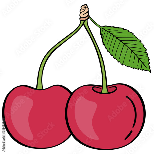 pair or twin red cherry with stem and leaf filled outline doodle