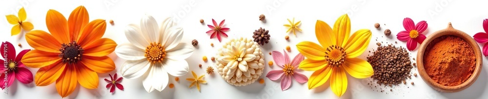 Isolated white spice pods with colorful flowers, garden, flowers, botanicals art Isolated white spice pods with colorful flowers, garden, flowers, botanicals art