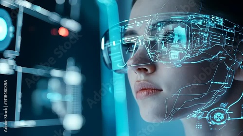 A futuristic woman with augmented reality glasses, displaying digital overlays on her face.