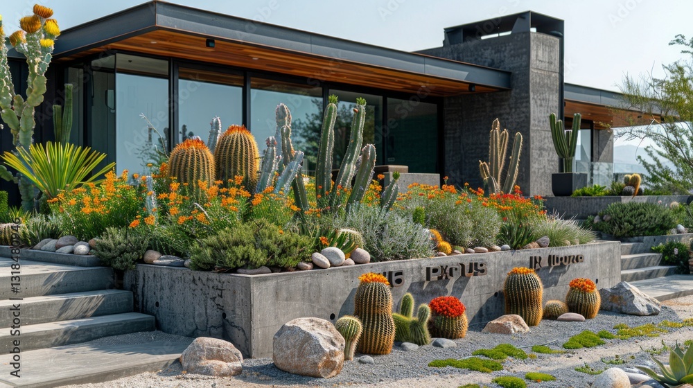 Fototapeta premium Beautiful garden with sleek concrete planter and colorful cacti in a minimalistic clean atmosphere
