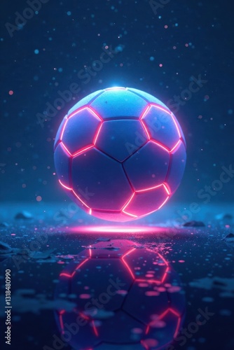 A radiant and luminous neon-colored soccer ball floating on the blue expanse of a digital canvas with an ethereal atmosphere, sports, color, background