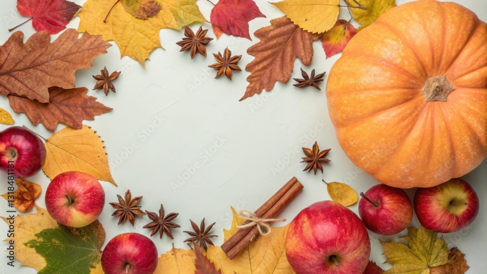 Fototapeta premium A vibrant autumnal still life featuring a plump pumpkin, ripe apples, and fragrant star anise surrounded by colorful autumn leaves.