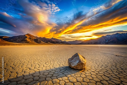 Panoramic View of a Rolling Stone on Death Valley's Racetrack Playa photo