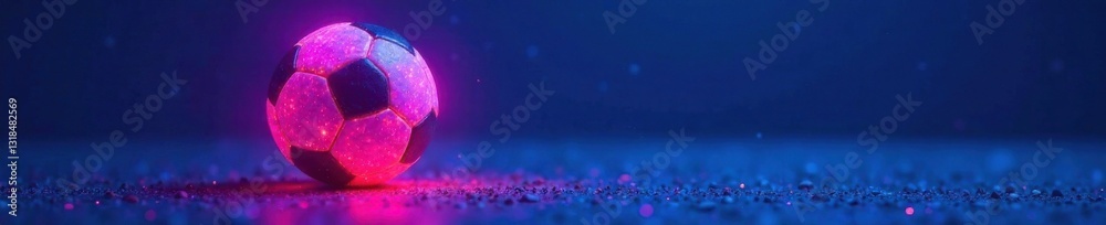 Naklejka premium Abstract glowing neon colored soccer ball on blue ground, sphere, soccer ball, blue