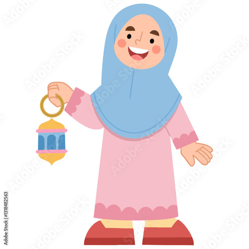 Cartoon Girl Holding Lantern in Traditional Attire