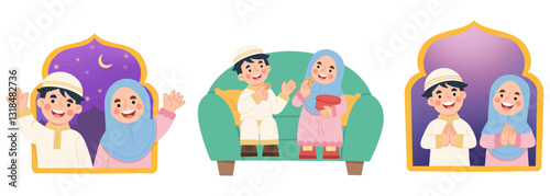 Illustration set of cheerful Islamic Muslim children