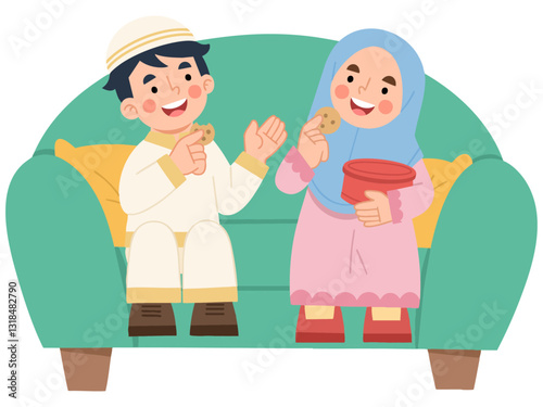 Illustration of Children Enjoying Cookies Together on Couch