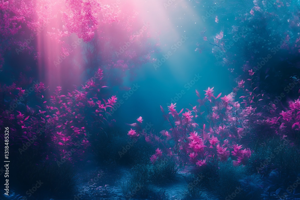 Fototapeta premium Enchanted Pink Flowers Blue Forest Dreamy Fantasy Background art rays dark scene light