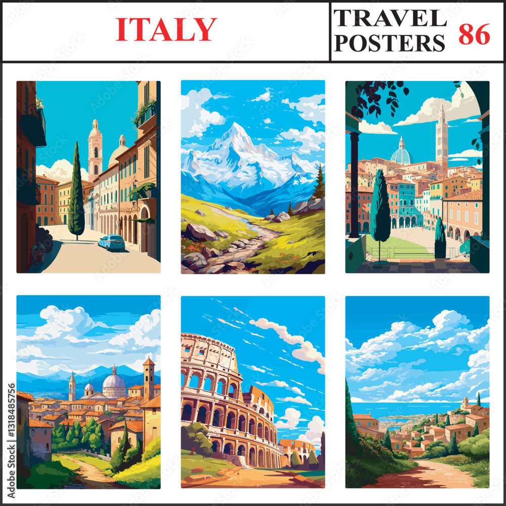 Fototapeta premium Italy Modena Gran Paradiso Siena Travel Poster Wall Art Print Collection Set Part 86