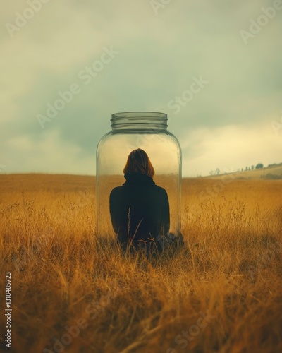 A person sitting in a field inside a large glass jar, symbolizing isolation and introspection.
