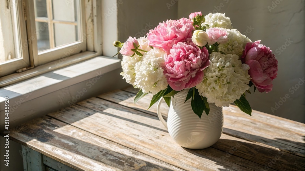 A bouquet of pink peonies and white hydrangeas in a white pitcher sits on a rustic wooden table bathed in warm sunlight. A bouquet of pink peonies and white hydrangeas in a white pitcher sits on a rustic wooden table bathed in warm sunlight.