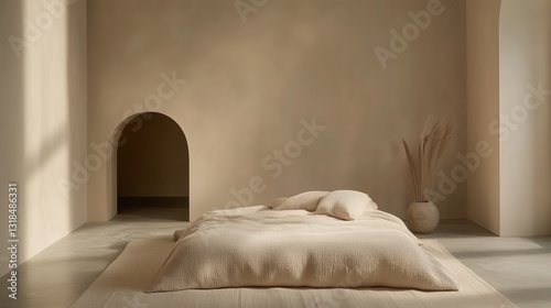 Beige linen bedding minimalist bedroom serene. AI generated
