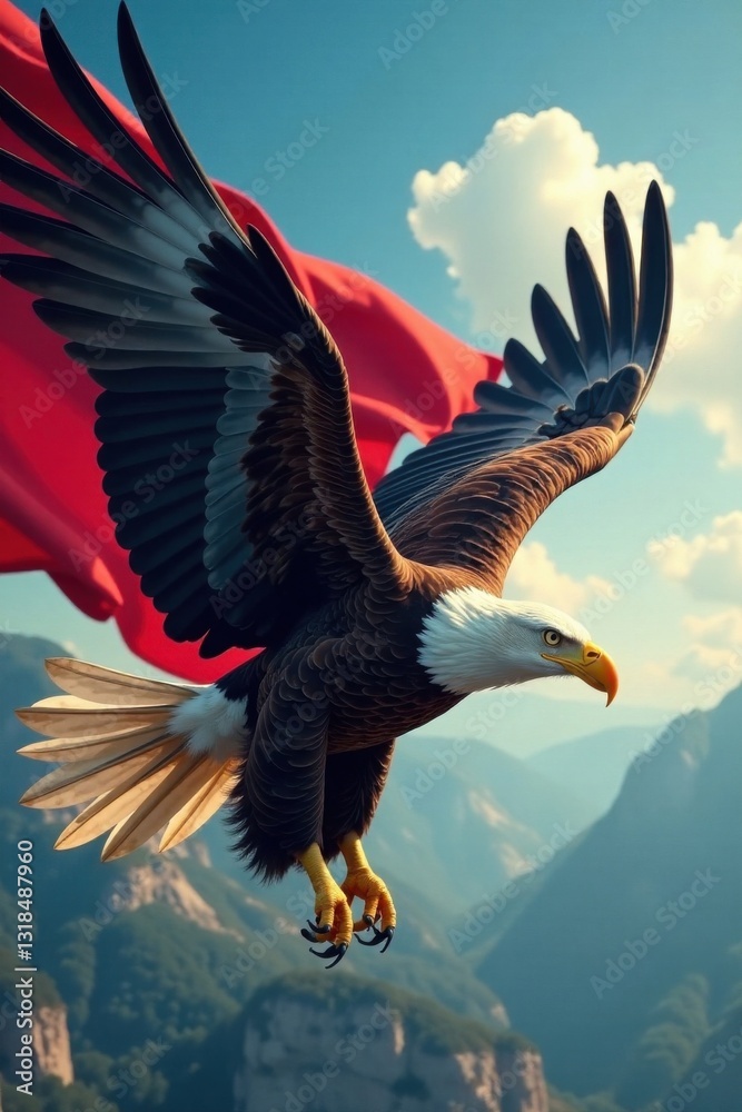 Obraz premium Eagle in mid-air with flag held tight , flag in talons, soaring eagle, patriotic birds