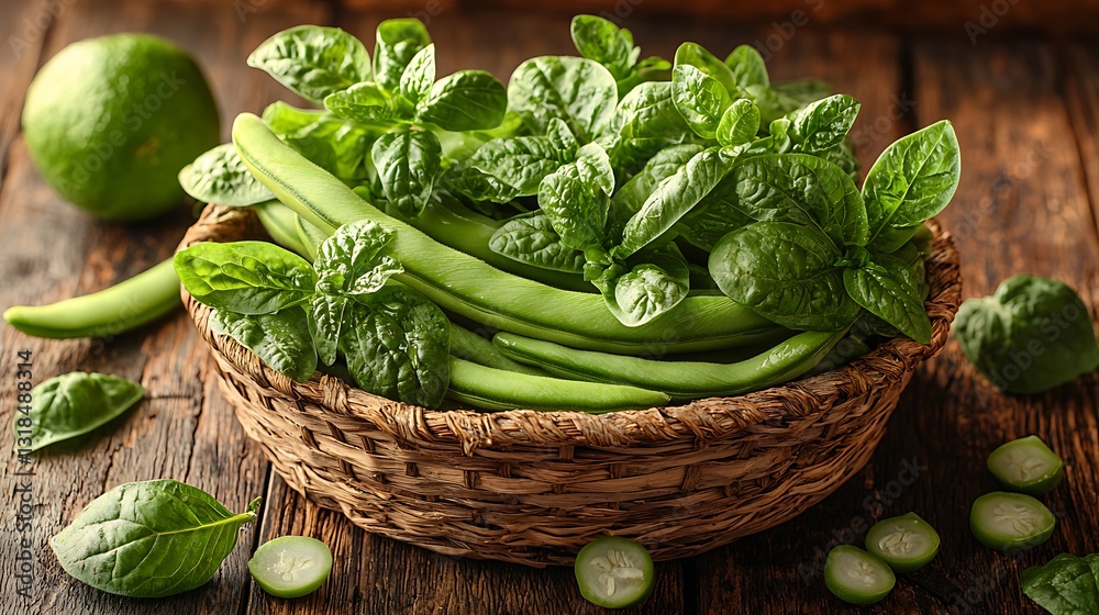 Green Vegetables Basket for Wooden Table. Green Vegetables Basket for Wooden Table.