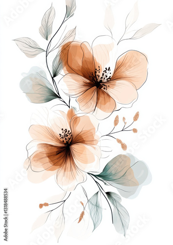 A stylized arrangement of Boho-style flowers, isolated on a clean white background, featuring large, free-flowing organic shapes and natural elements