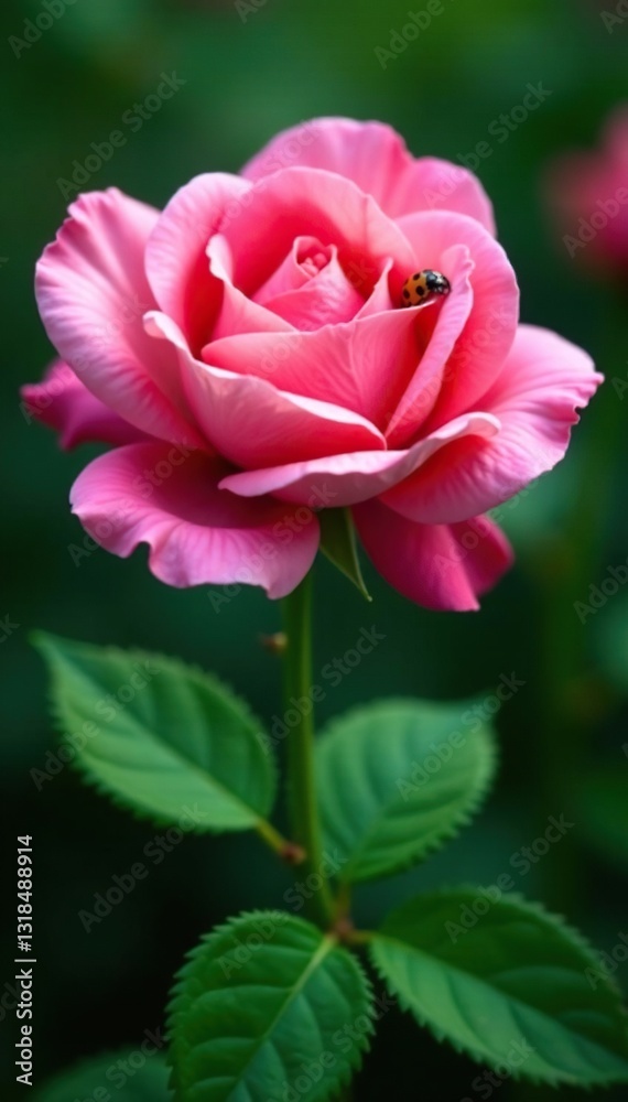Ladybug perches on a large pink rose with lush green leaves, insect, roses, ladybug Ladybug perches on a large pink rose with lush green leaves, insect, roses, ladybug
