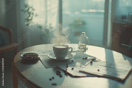 Cozy Morning Coffee with Steaming Mug and Fresh Coffee Beans
