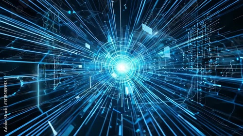 Abstract glowing blue network with radiant light particles and interconnected lines, symbolizing data, AI, and cosmic energy