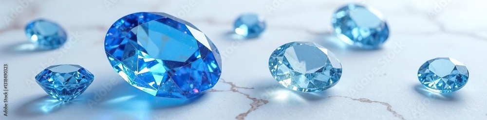 Sparkling blue sapphire geode crystals on white marble background, bluegemstones, sapphires, naturalbeauty Sparkling blue sapphire geode crystals on white marble background, bluegemstones, sapphires, naturalbeauty