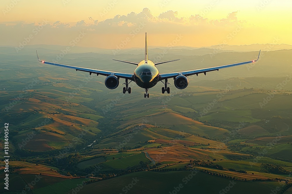 Airplane flying over scenic landscape at sunset with clear sky and rolling hills