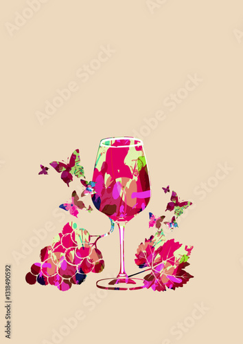 Colorful wine glass with vine background vector illustration. Party flyer, wine tasting event, wine festival, celebrations, restaurant poster design for brochure, invitation card, menu, promotion