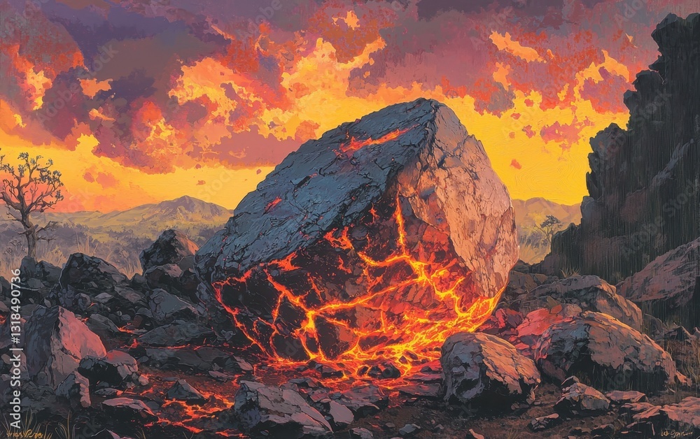 Naklejka premium Lava rocks with deep red glowing veins, resting in a volcanic setting