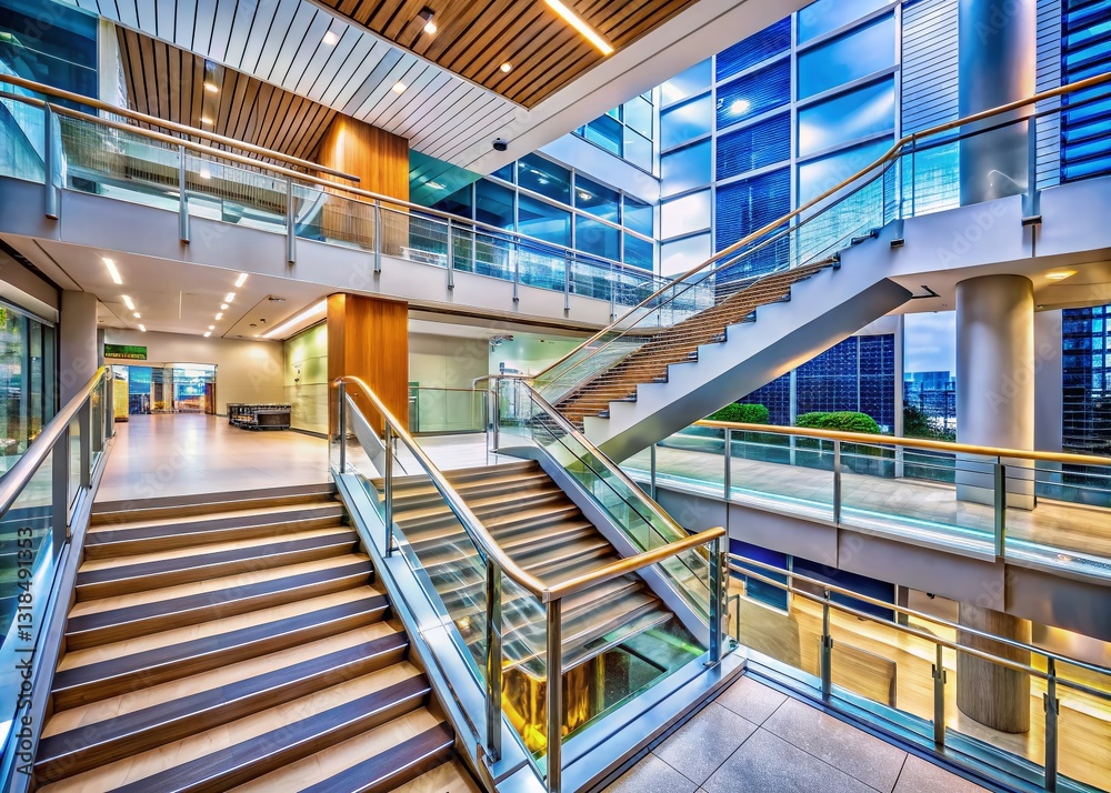 Panoramic View: Stainless Steel Stair Railing with Fall Protection in Modern Building Panoramic View: Stainless Steel Stair Railing with Fall Protection in Modern Building