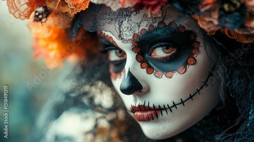 Gothic themed celebration of the day of the dead festival with traditional decorations and altars for honoring loved ones photo