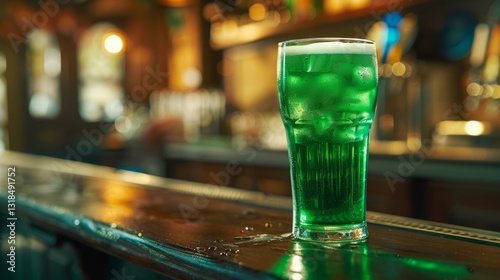 Green Beer on a Bar Counter with a Festive St Patricks Day Theme Celebration