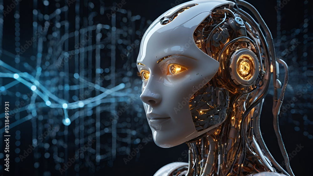 Futuristic AI Robot with Glowing Eyes in a Digital Cybernetic Environment. Futuristic AI Robot with Glowing Eyes in a Digital Cybernetic Environment.