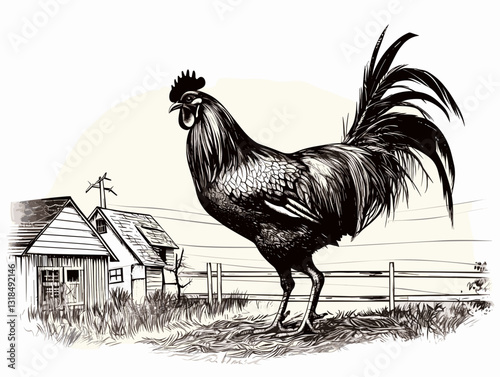 Stylized rooster standing proudly on a plain background with copy space