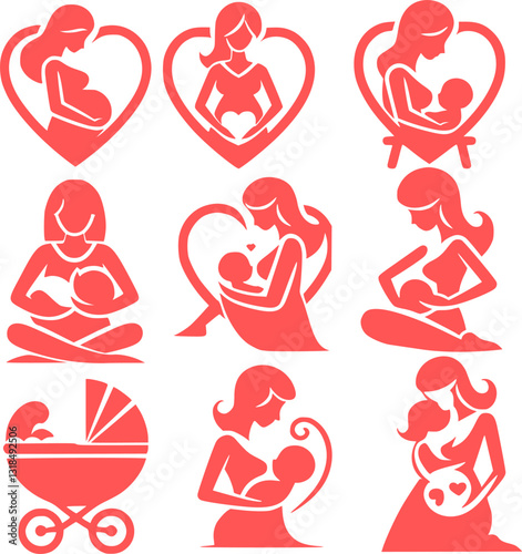 set of vector icons  illustration of little baby with his mother silhouettes