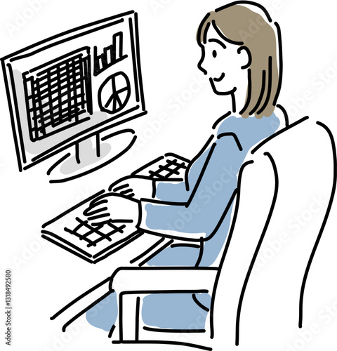 PCに入力・分析する女性会社員シンプル線画