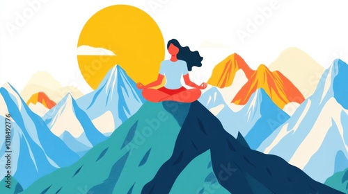 A happy woman meditating on top of a mountain, symbolizing self-actualization in Maslow Hierarchy of Needs.