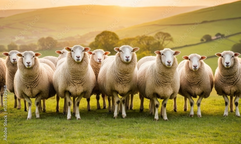 Fototapeta premium A Picturesque Pastoral Scene, A Flock of Sheep Grazing at Sunset
