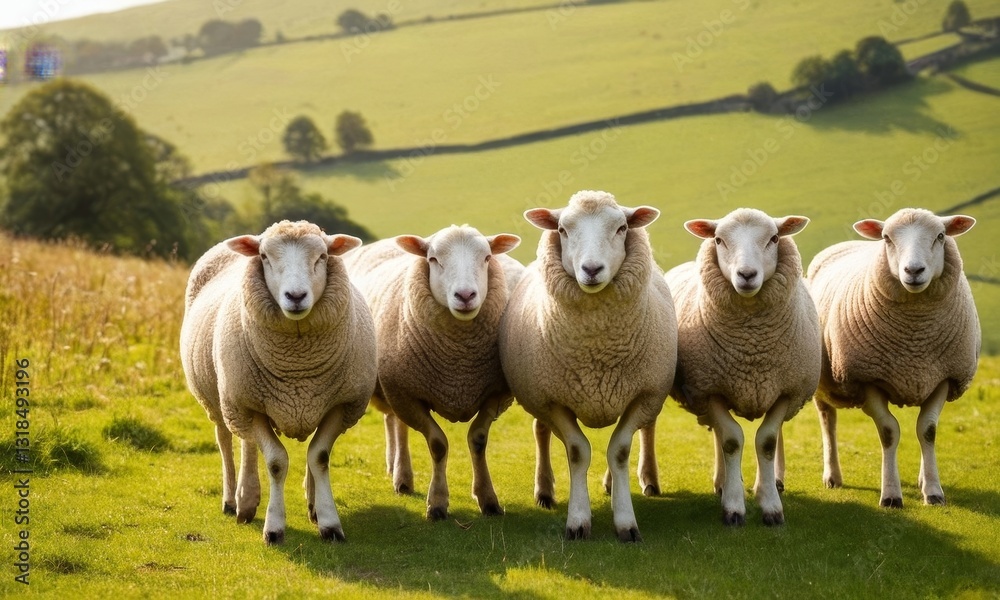 Fototapeta premium A Charming Assembly, Five Sheep Grazing Peacefully on Green Pasture