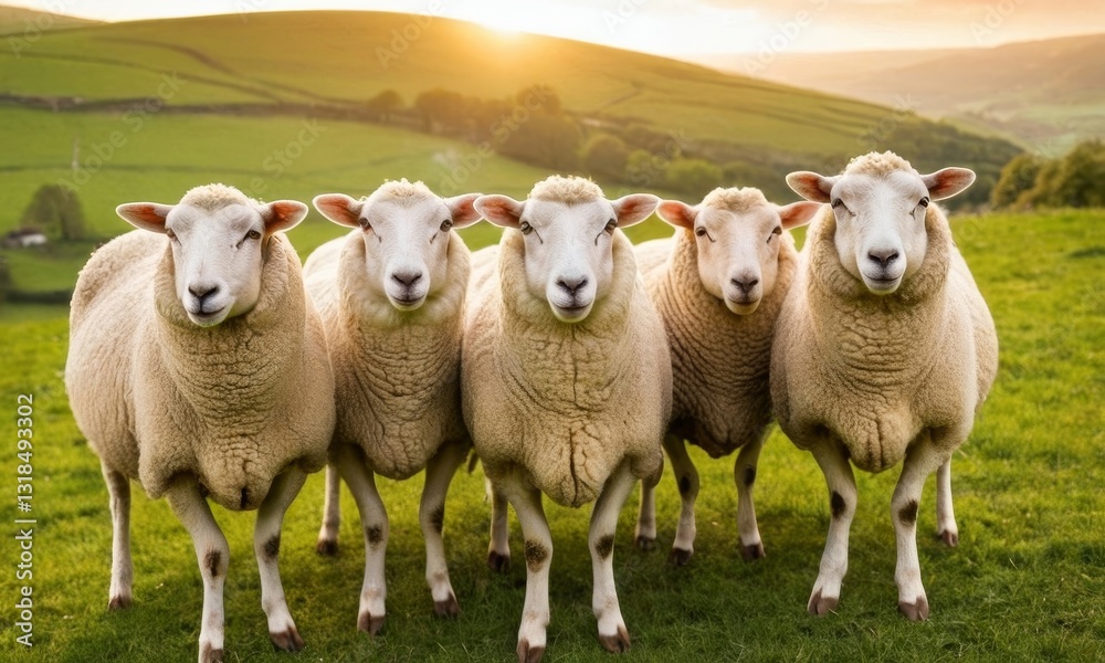 Fototapeta premium Charming Group of Sheep Grazing Peacefully in Lush Green Pasture at Sunset