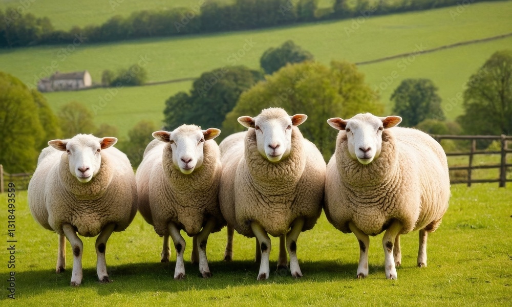 Charming sheep grazing on a picturesque green pasture in countryside Charming sheep grazing on a picturesque green pasture in countryside
