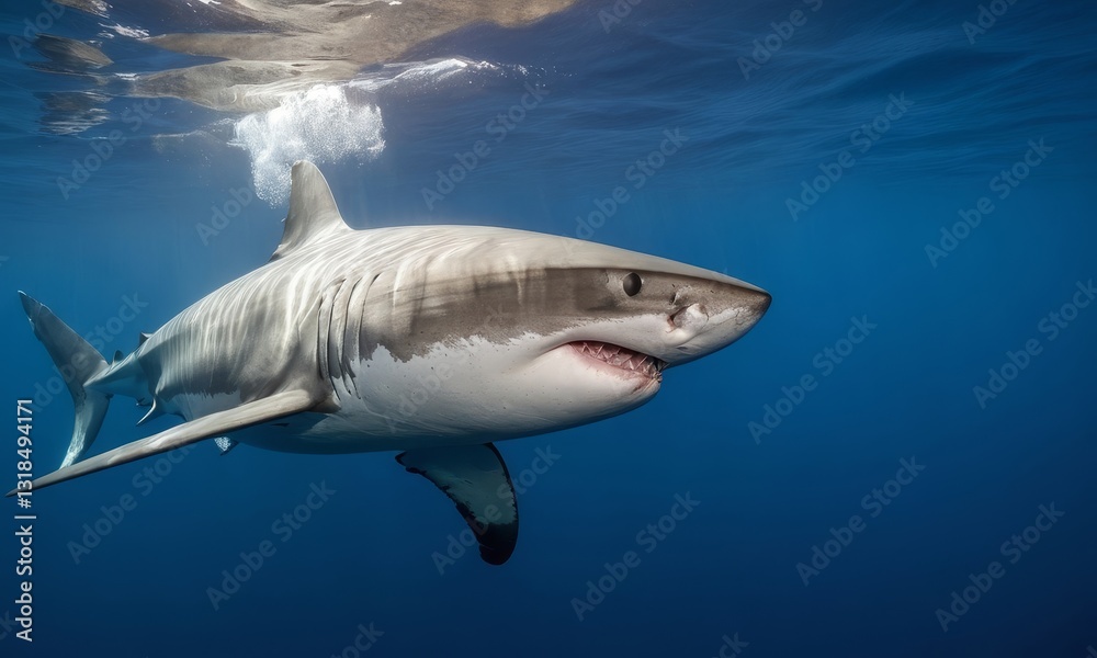 Fototapeta premium Magnificent Great White Shark Gliding Through the Deep Blue Ocean Waters