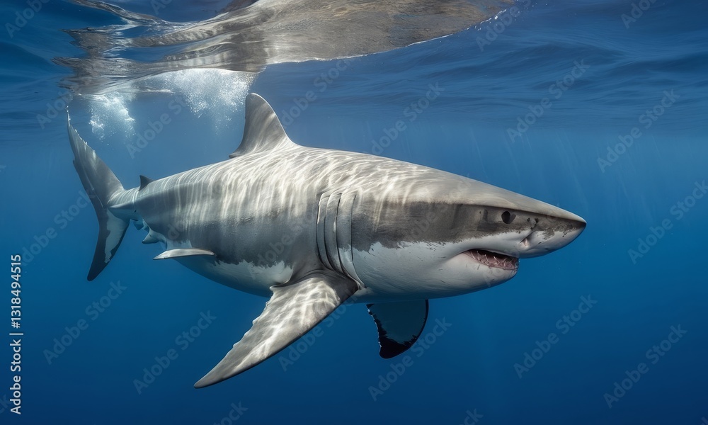 Fototapeta premium Great White Shark Gliding Gracefully Beneath the Ocean Surface