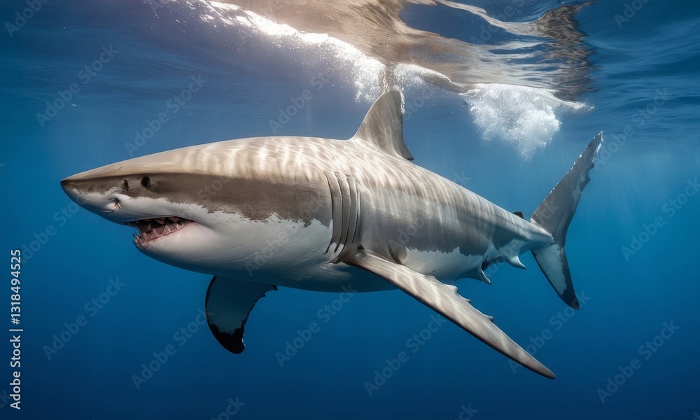 Fototapeta premium A magnificent great white shark gliding gracefully underwater in the ocean