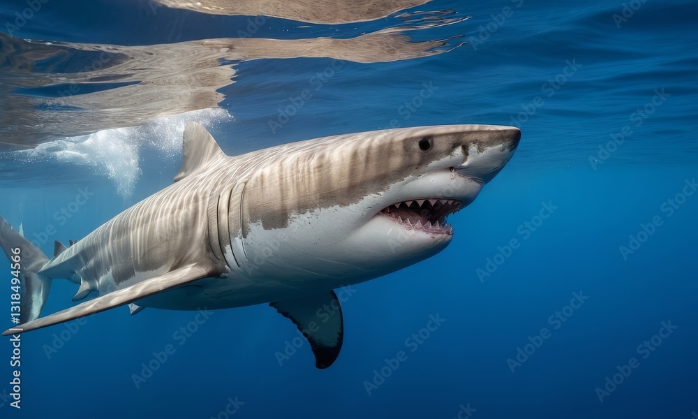 Fototapeta premium Magnificent great white shark swimming gracefully in the ocean depths
