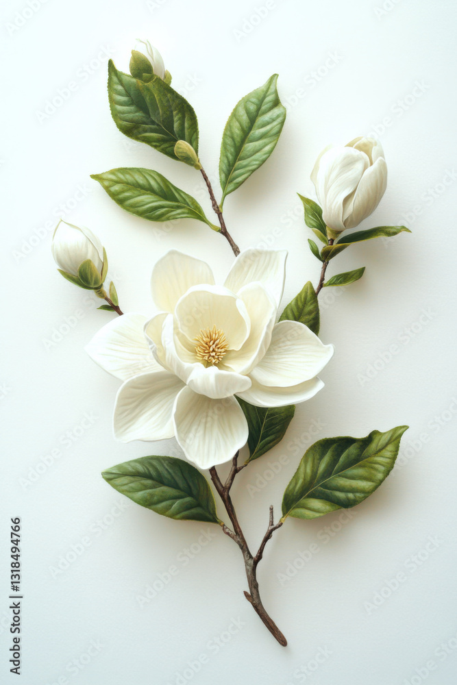 Obraz premium Botanical illustration of white magnolia flower in 19th-century scientific style, featuring a highly detailed flower with green leaves and buds on a plain white background, 