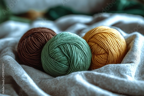 Colorful yarn balls on soft fabric background