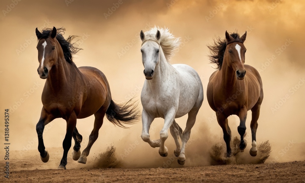 Fototapeta premium Majestic Trio, Three Horses Galloping Freely Across the Dusty Plains